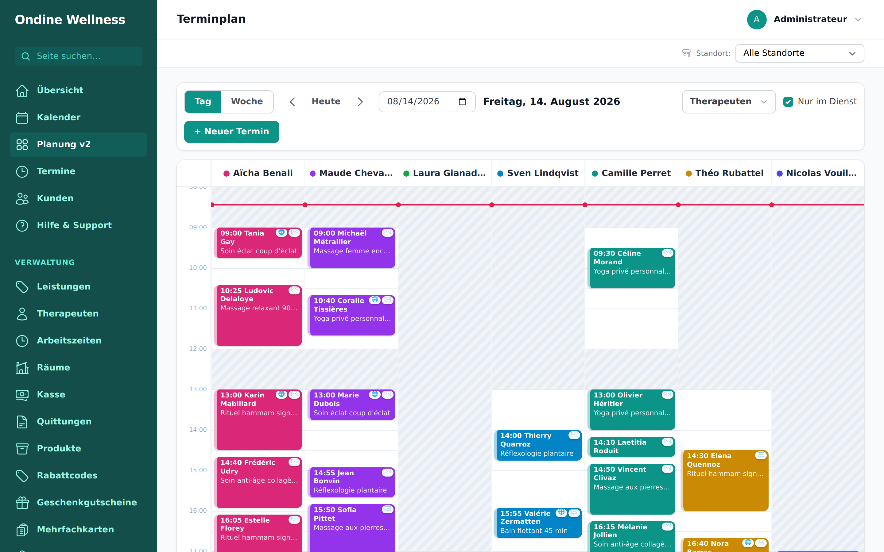 Der Team-Terminplan von Posea: Termine pro Fachperson, Online-Buchungen und Farben je Status
