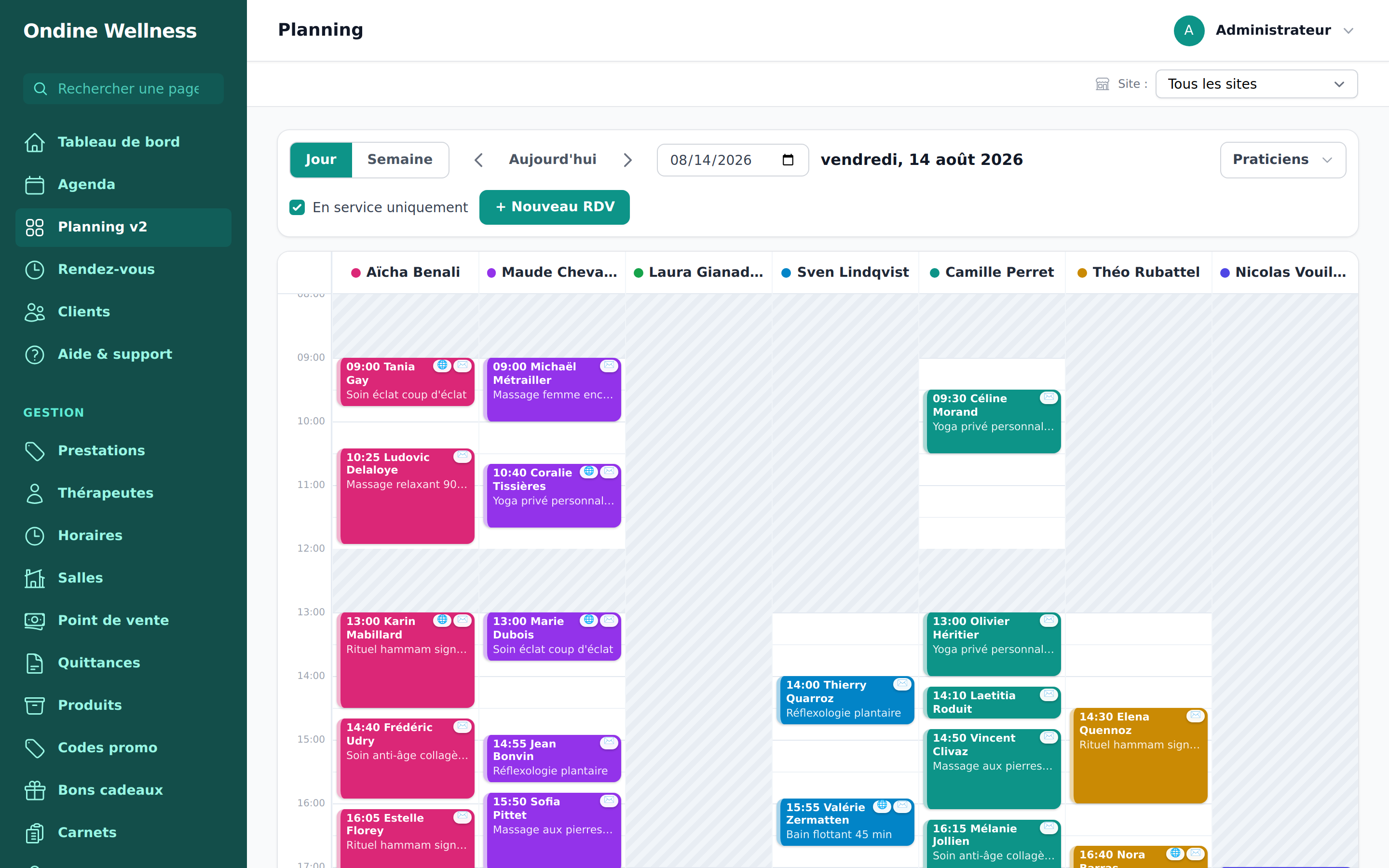 Le planning d'équipe de Posea : rendez-vous par praticien, réservations en ligne et couleurs par statut