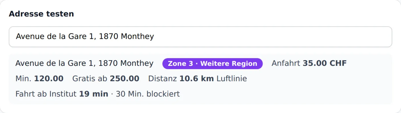 Adresstest im Radius-Modus: Avenue de la Gare 1 in Monthey liegt in Zone 3, 10,6 km Luftlinie, 19 Minuten Fahrt, 30 Minuten blockiert