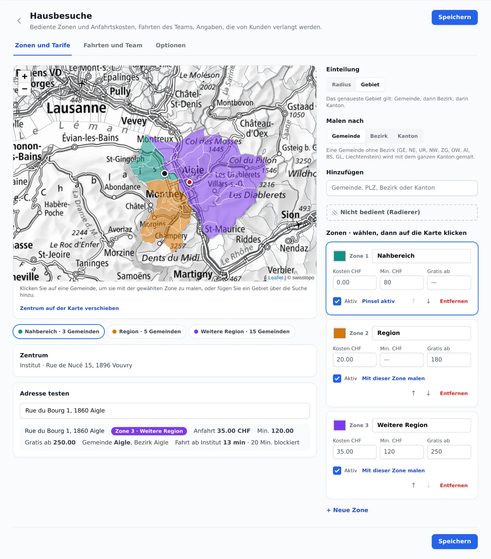 Bildschirm Zonen und Tarife von Posea im Gebiets-Modus: Gemeinden Vouvry, Port-Valais und Saint-Gingolph grün, Bezirk Monthey orange, Bezirk Aigle violett, Champéry ausgeschlossen