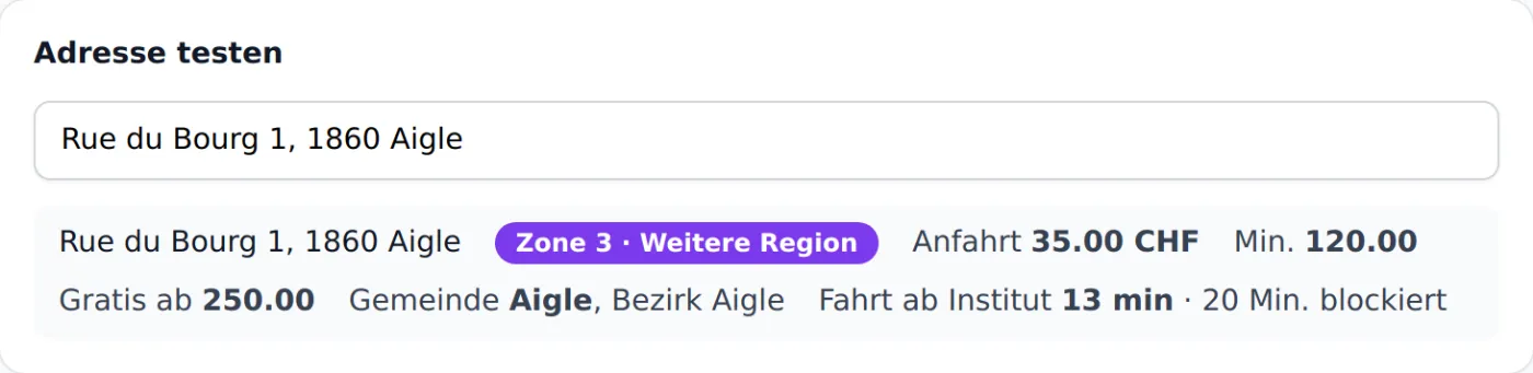 Adresstest im Gebiets-Modus: Rue du Bourg 1 in Aigle, Zone 3, Gemeinde und Bezirk Aigle, 13 Minuten Fahrt