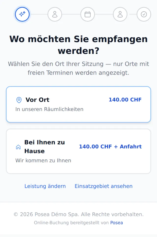 Posea-Buchungsablauf auf dem Handy: Wahl zwischen Institut zu 140 CHF und Hausbesuch zu 140 CHF plus Anfahrt