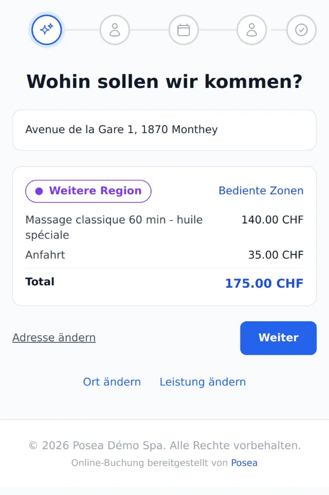 Gefundene Zone, Anfahrt CHF 35 und Total CHF 175 sofort angezeigt