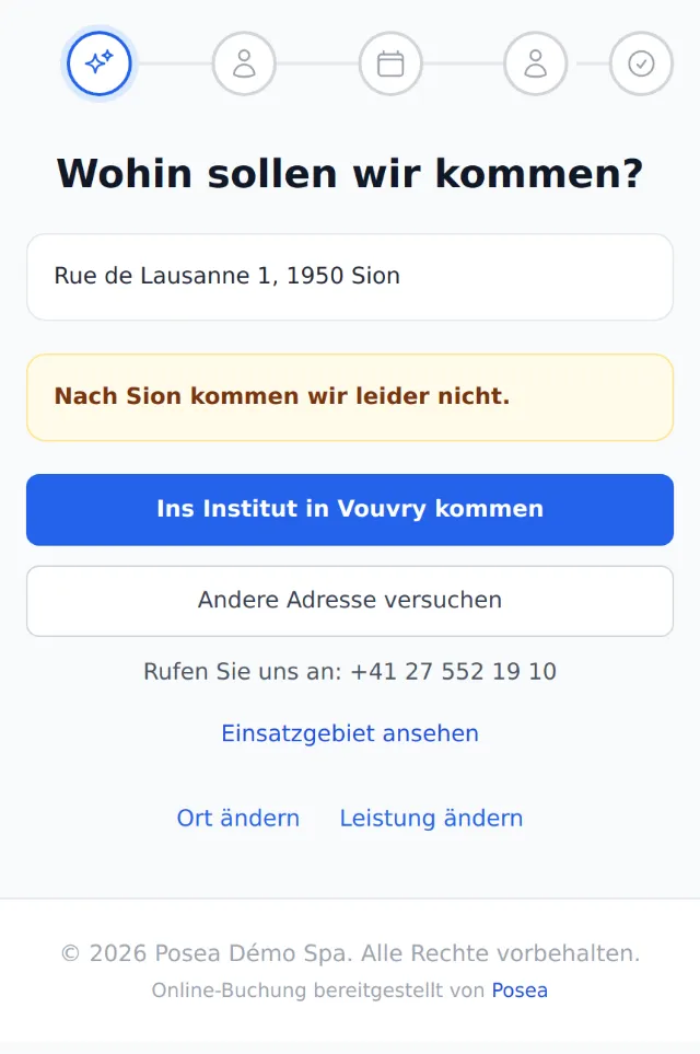 Adresse ausserhalb der Zonen in Sion: Vorschlag, ins Institut zu kommen, und Telefonnummer