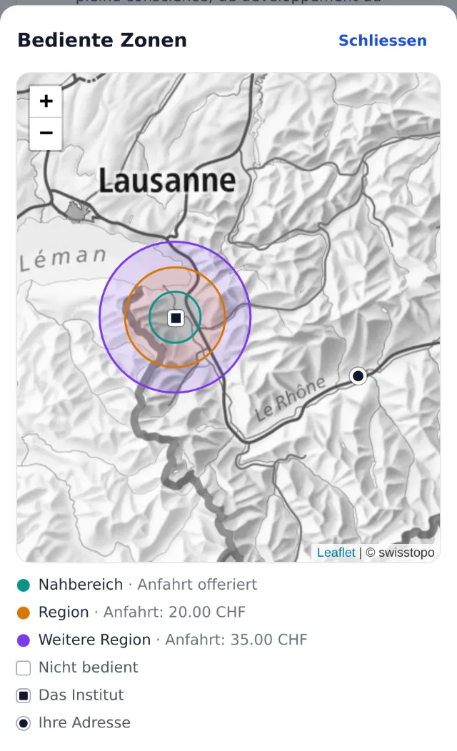 Karte der bedienten Zonen für den Kunden, mit den Anfahrtskosten pro Zone