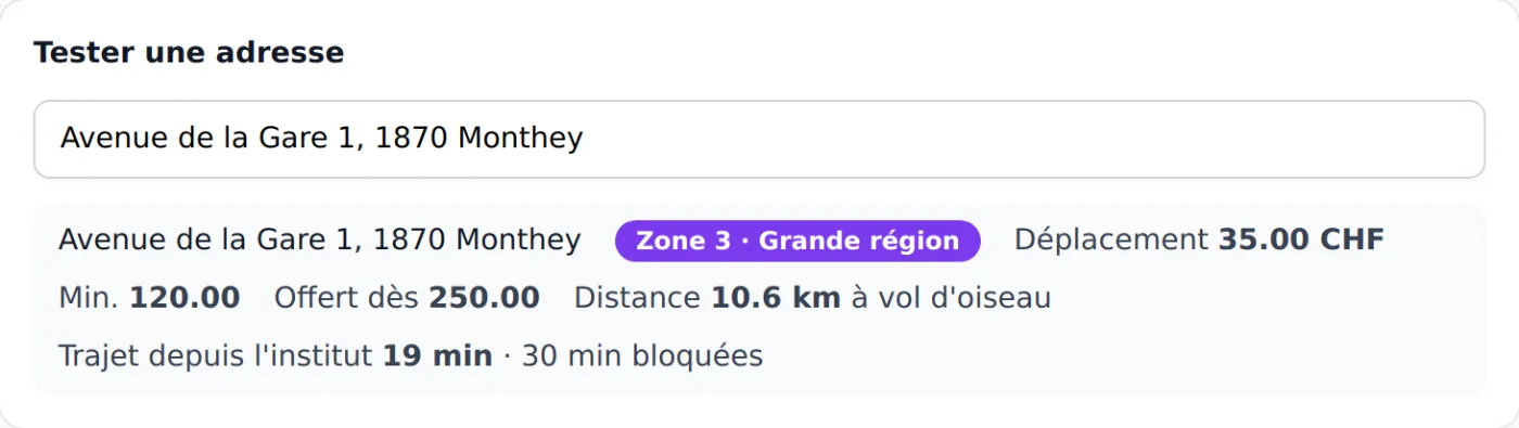 Test d'adresse en mode rayon : Avenue de la Gare 1 à Monthey tombe en zone 3, 10,6 km à vol d'oiseau, 19 minutes de trajet, 30 minutes bloquées