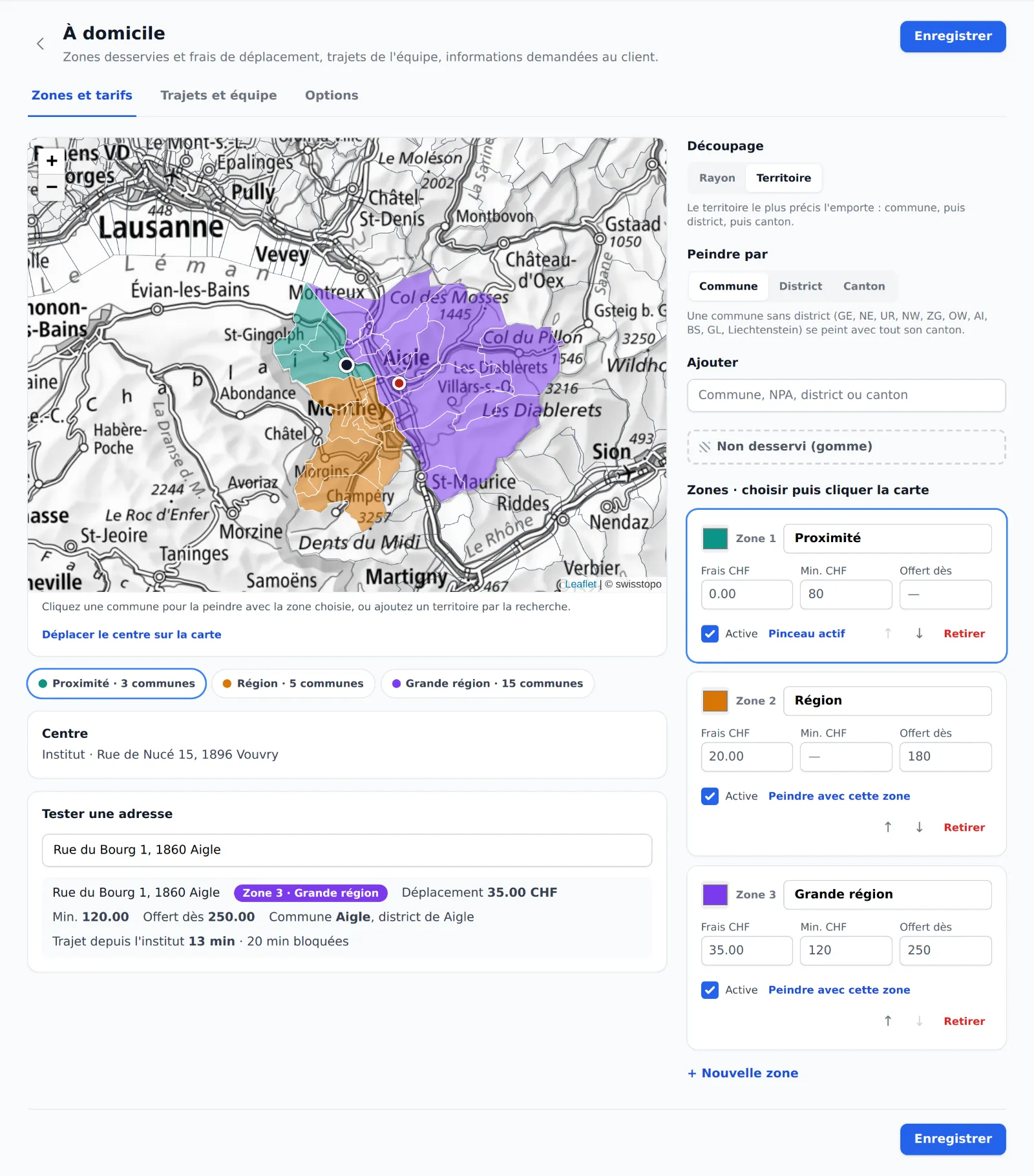 Écran Zones et tarifs de Posea en mode territoire : communes de Vouvry, Port-Valais et Saint-Gingolph en vert, district de Monthey en orange, district d'Aigle en violet, Champéry exclue