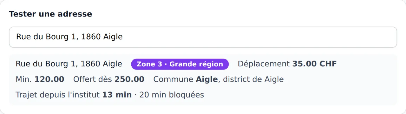 Test d'adresse en mode territoire : Rue du Bourg 1 à Aigle, zone 3, commune d'Aigle, district d'Aigle, 13 minutes de trajet