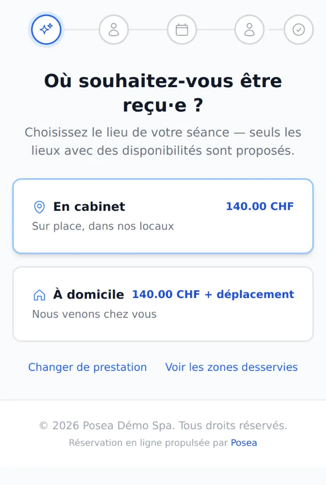 Tunnel de réservation Posea sur téléphone : choix entre En cabinet à 140 CHF et À domicile à 140 CHF plus déplacement