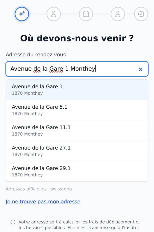 Saisie de l'adresse avec suggestions officielles swisstopo