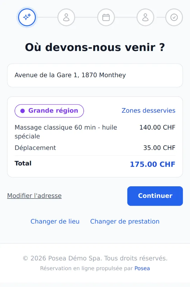Zone trouvée, frais de déplacement de 35 CHF et total de 175 CHF affichés immédiatement