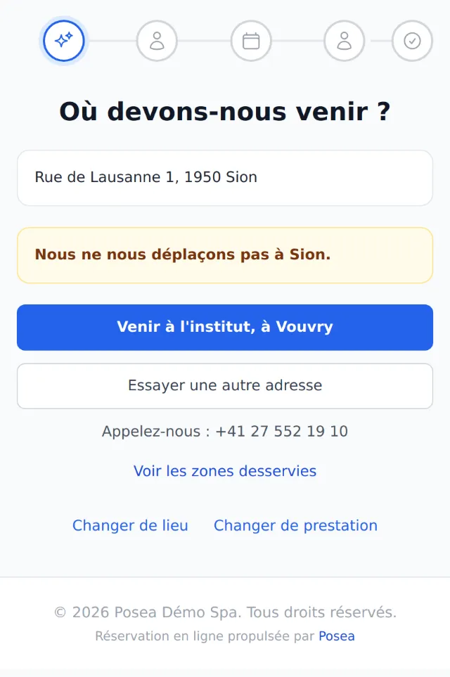 Adresse hors zone à Sion : proposition de venir à l'institut et numéro de téléphone