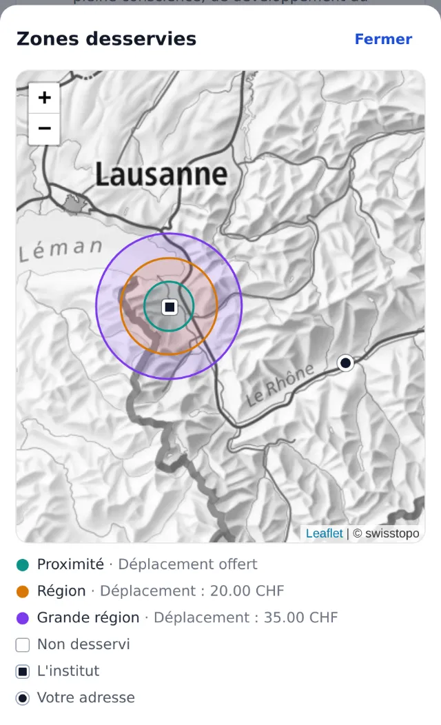 Carte des zones desservies affichée au client, avec le prix du déplacement par zone