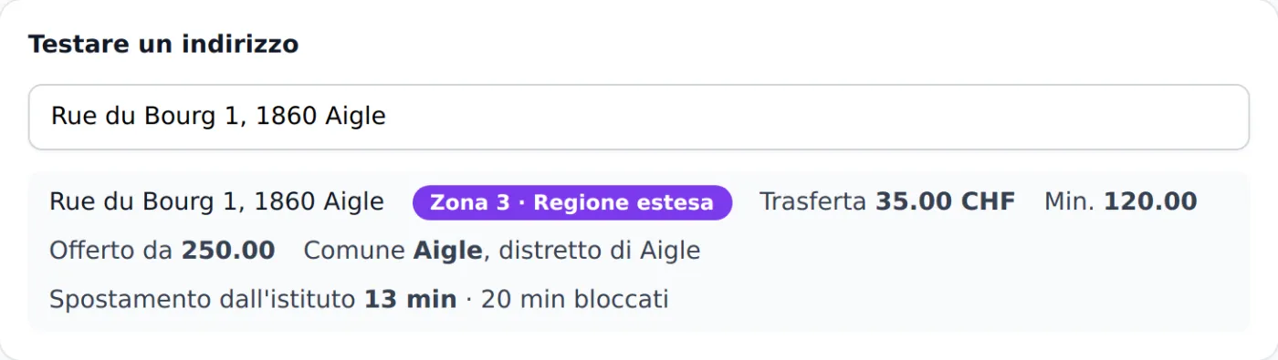Test di indirizzo in modalità territorio: Rue du Bourg 1 ad Aigle, zona 3, comune e distretto di Aigle, 13 minuti di tragitto