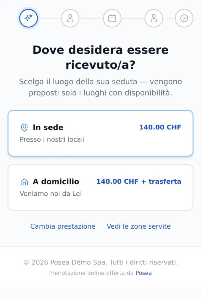 Percorso di prenotazione Posea su telefono: scelta tra In istituto a 140 CHF e A domicilio a 140 CHF più trasferta