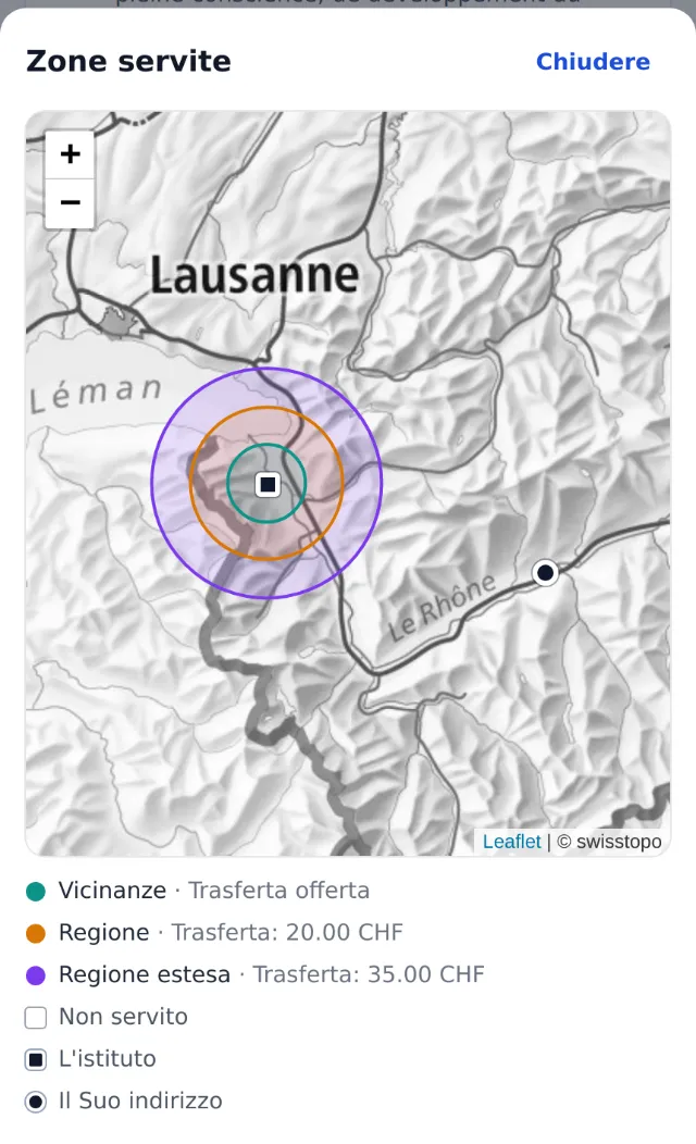 Mappa delle zone servite mostrata al cliente, con il prezzo della trasferta per zona